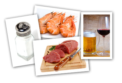 gout-4 Photo of salt, shrimp, red meat, red wine and beer